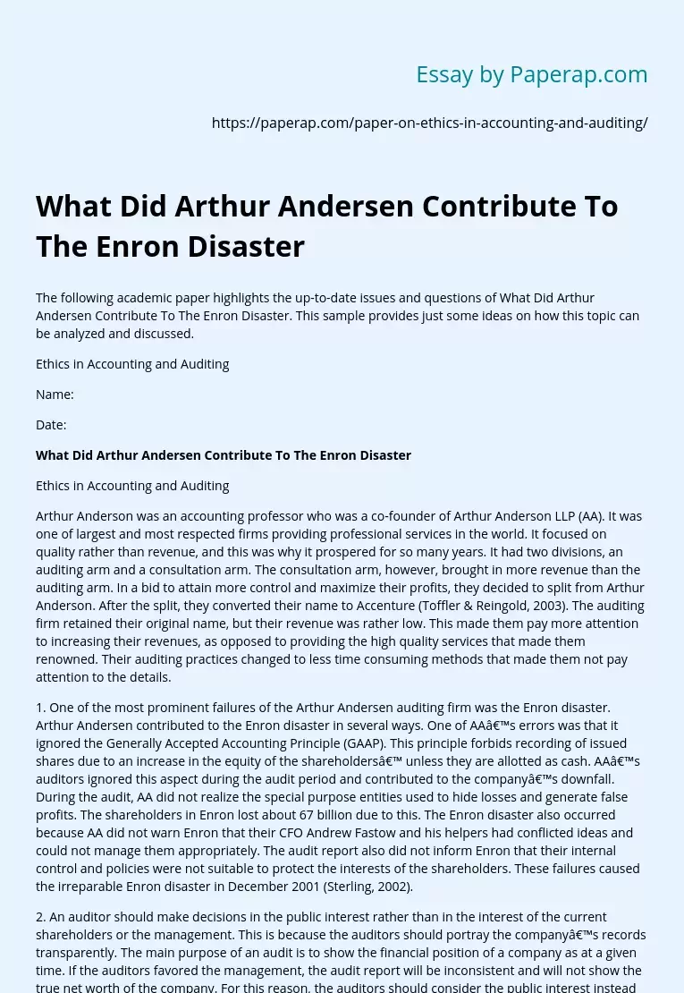 What Did Arthur Andersen Contribute To The Enron Disaster