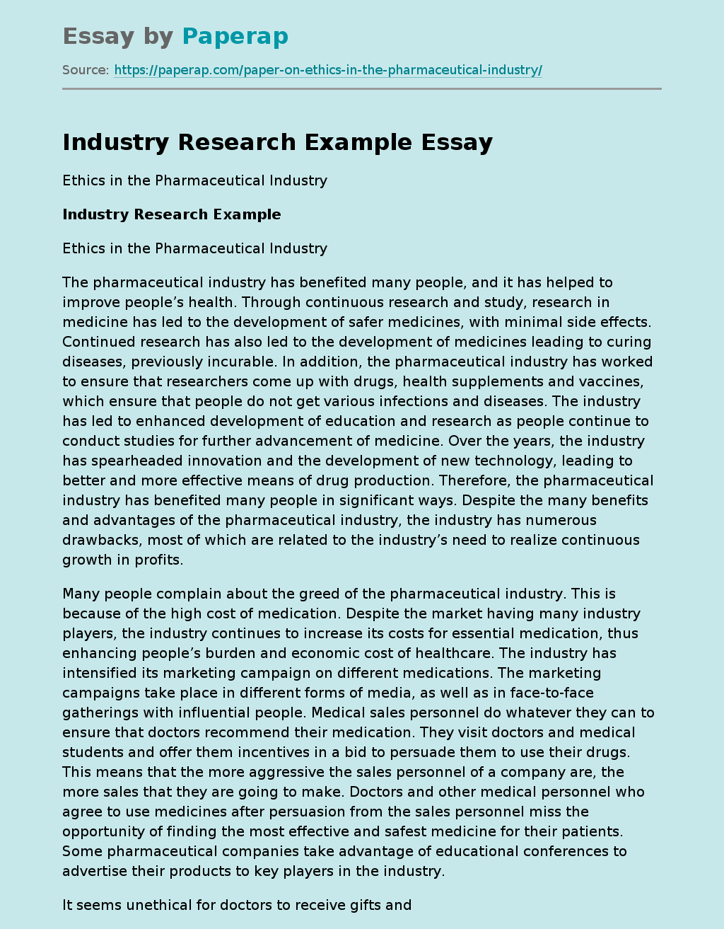 pharmaceutical marketing and ethics research paper