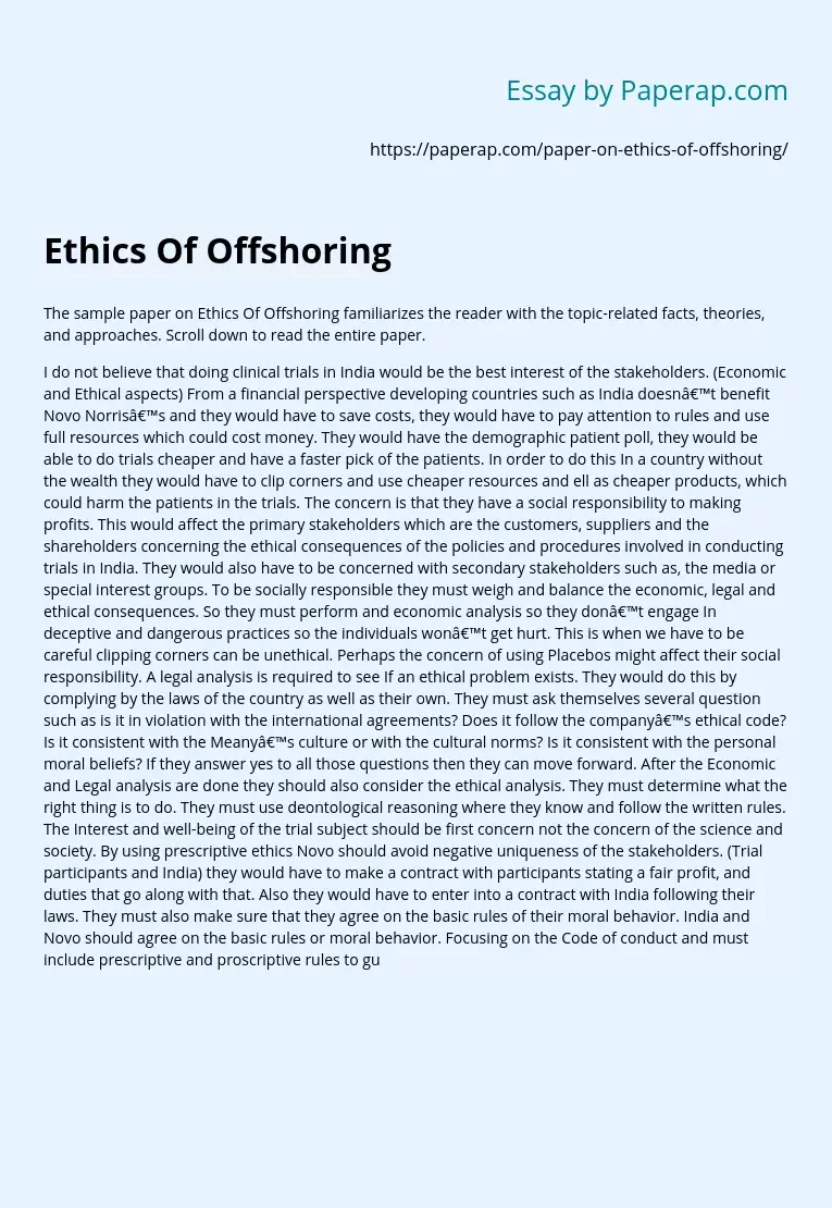 Sample Paper on Ethics of Offshoring