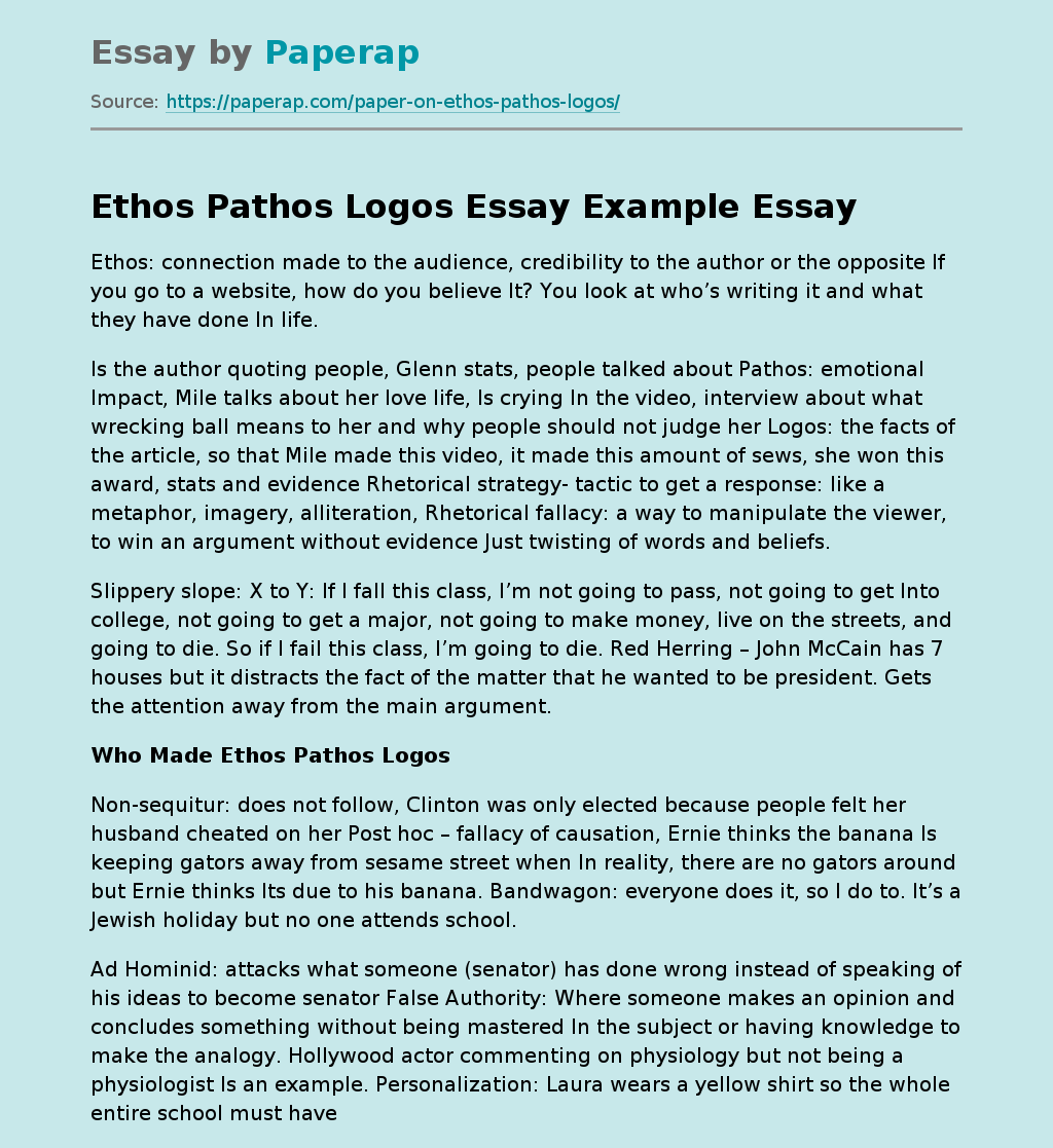 Ethos Pathos Logos Essay Example