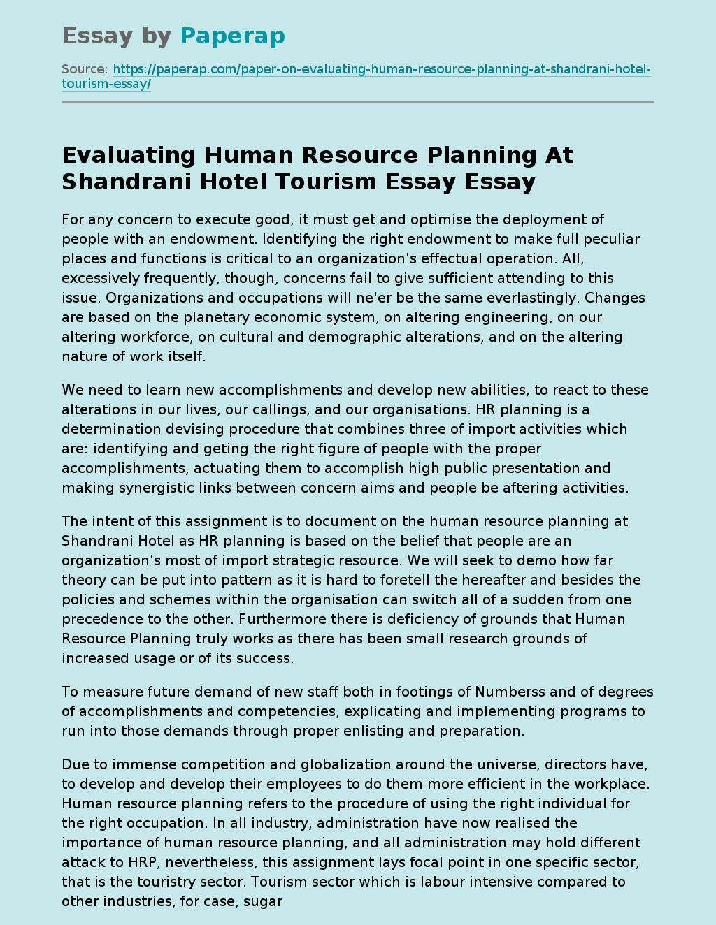 Evaluating Human Resource Planning At Shandrani Hotel Tourism Essay
