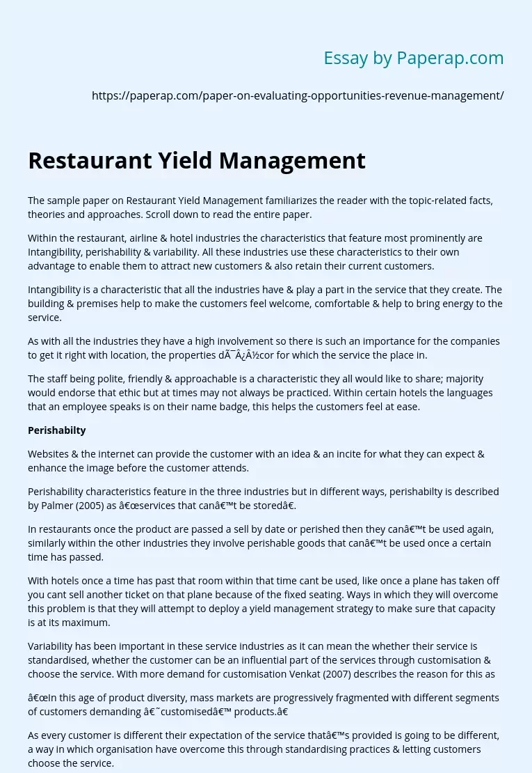 Restaurant Yield Management