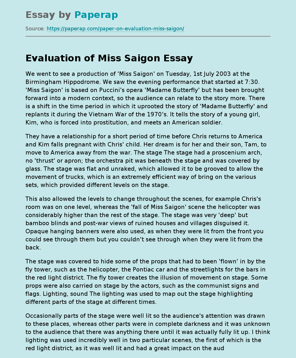 Evaluation of Miss Saigon