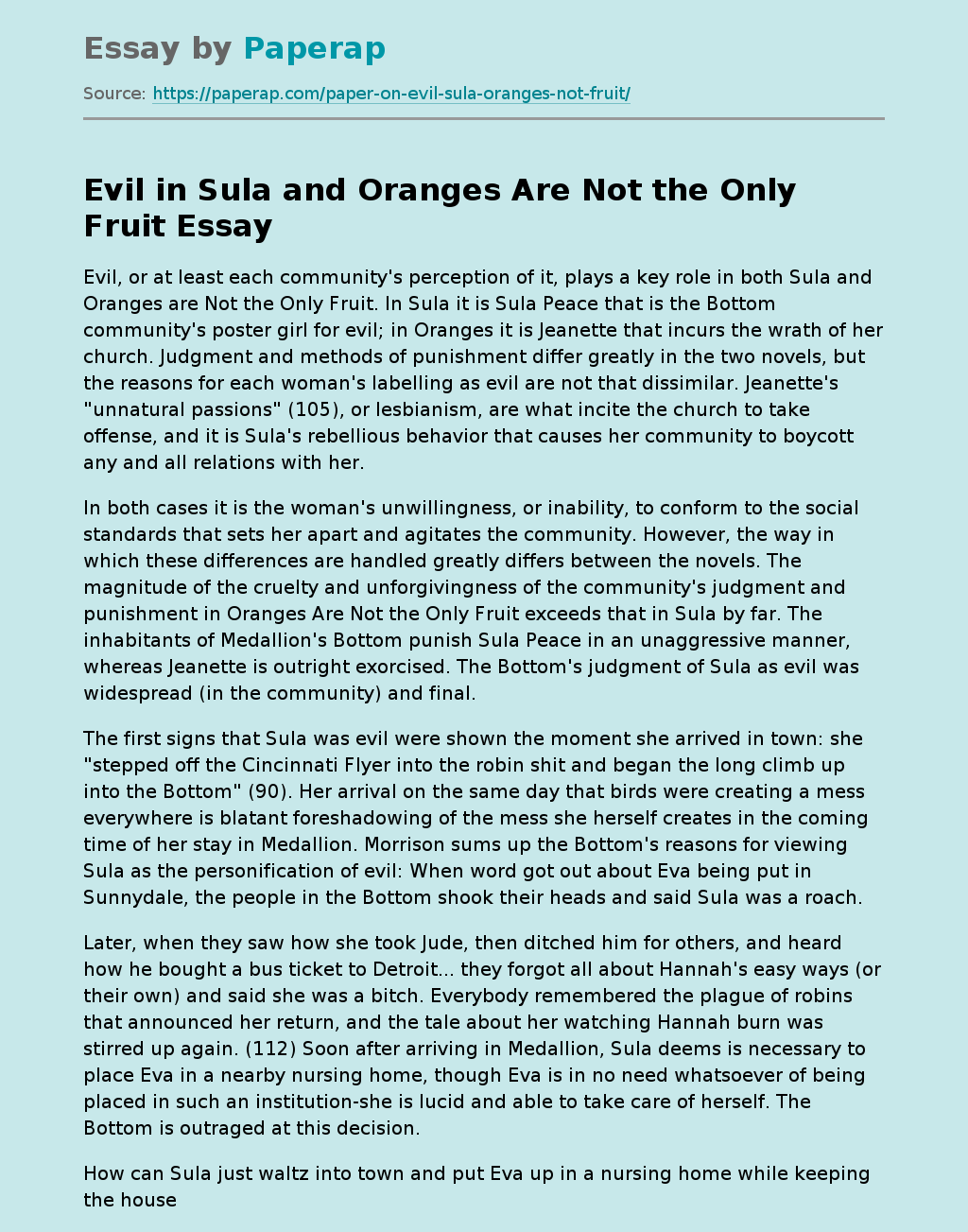 Evil in "Sula" and "Oranges Are Not the Only Fruit"