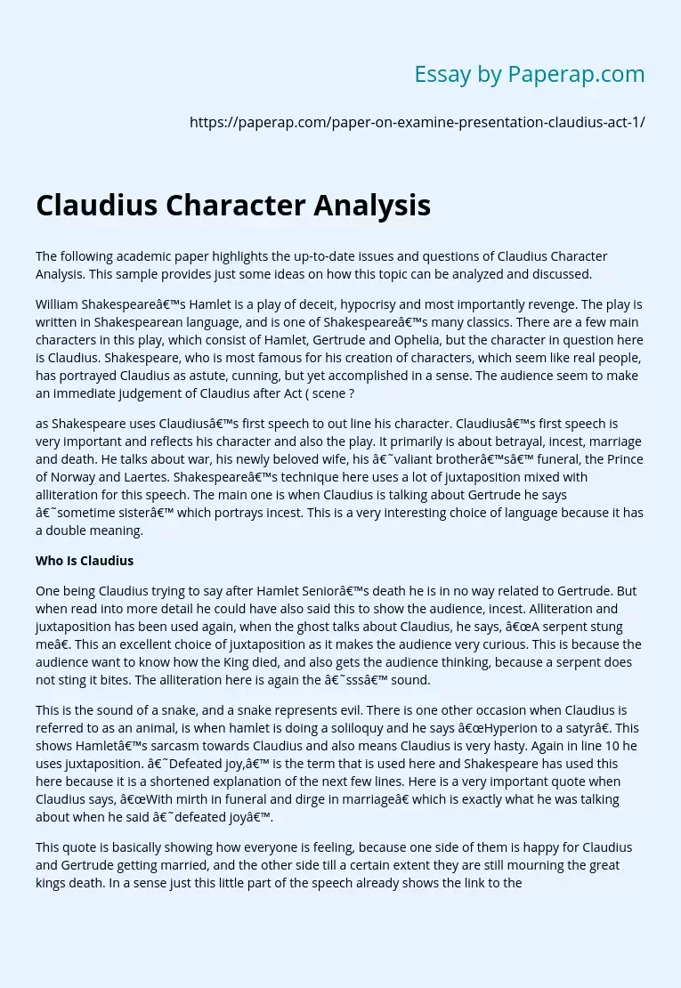 Claudius Character Analysis Free Essay Example