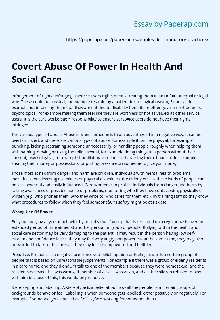 Covert Abuse Of Power In Health And Social Care
