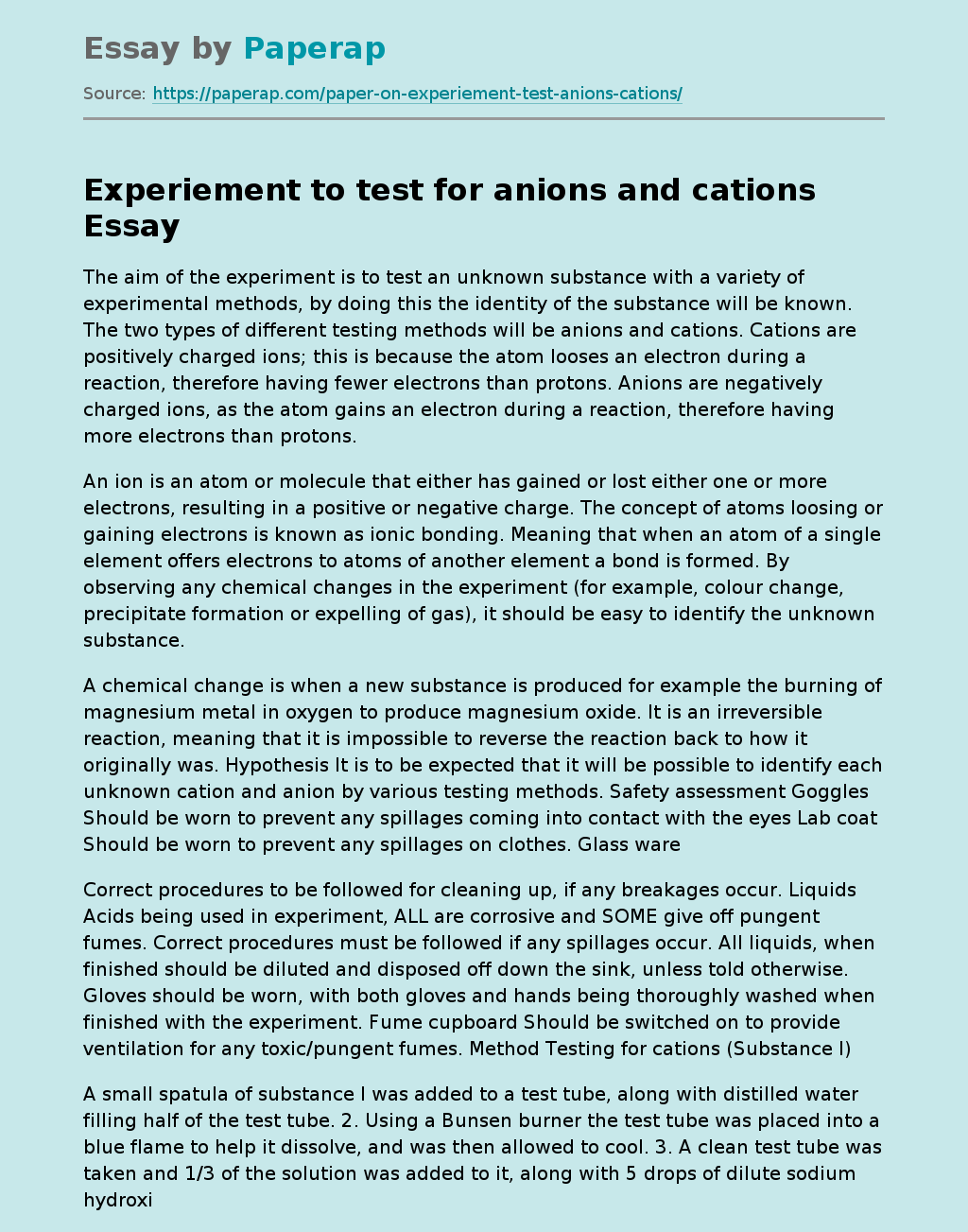 Experiement to test for anions and cations