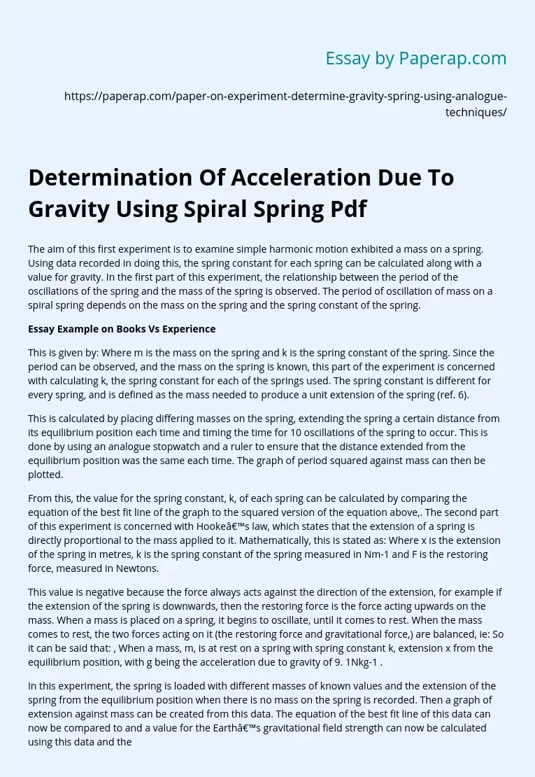 Determination Of Acceleration Due To Gravity Using Spiral Spring Pdf