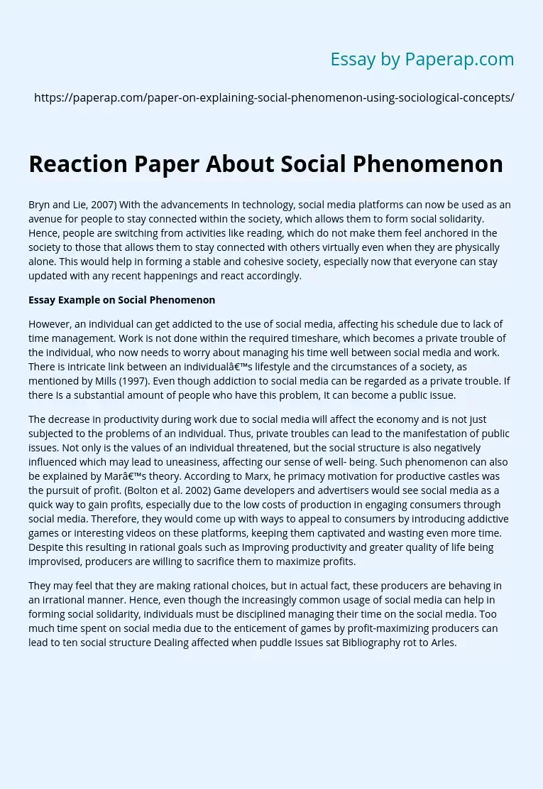 Reaction Paper About Social Phenomenon
