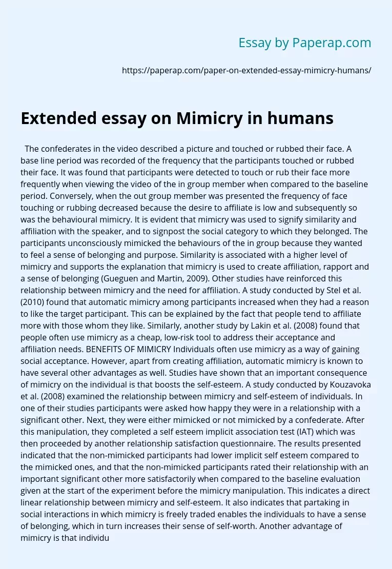 Extended essay on Mimicry in humans