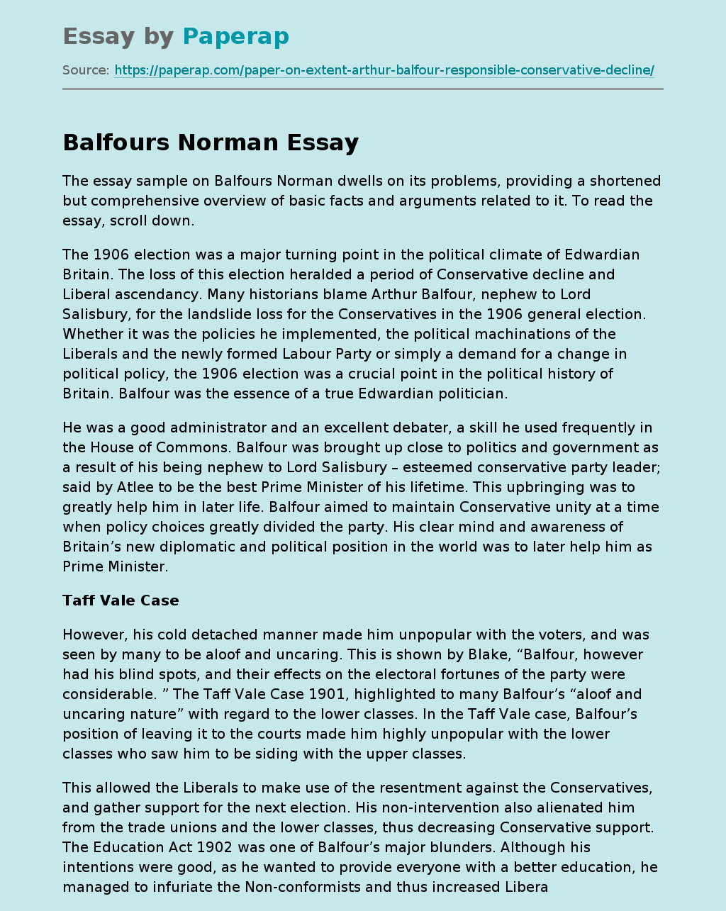 Essay Sample on Balfours Norman