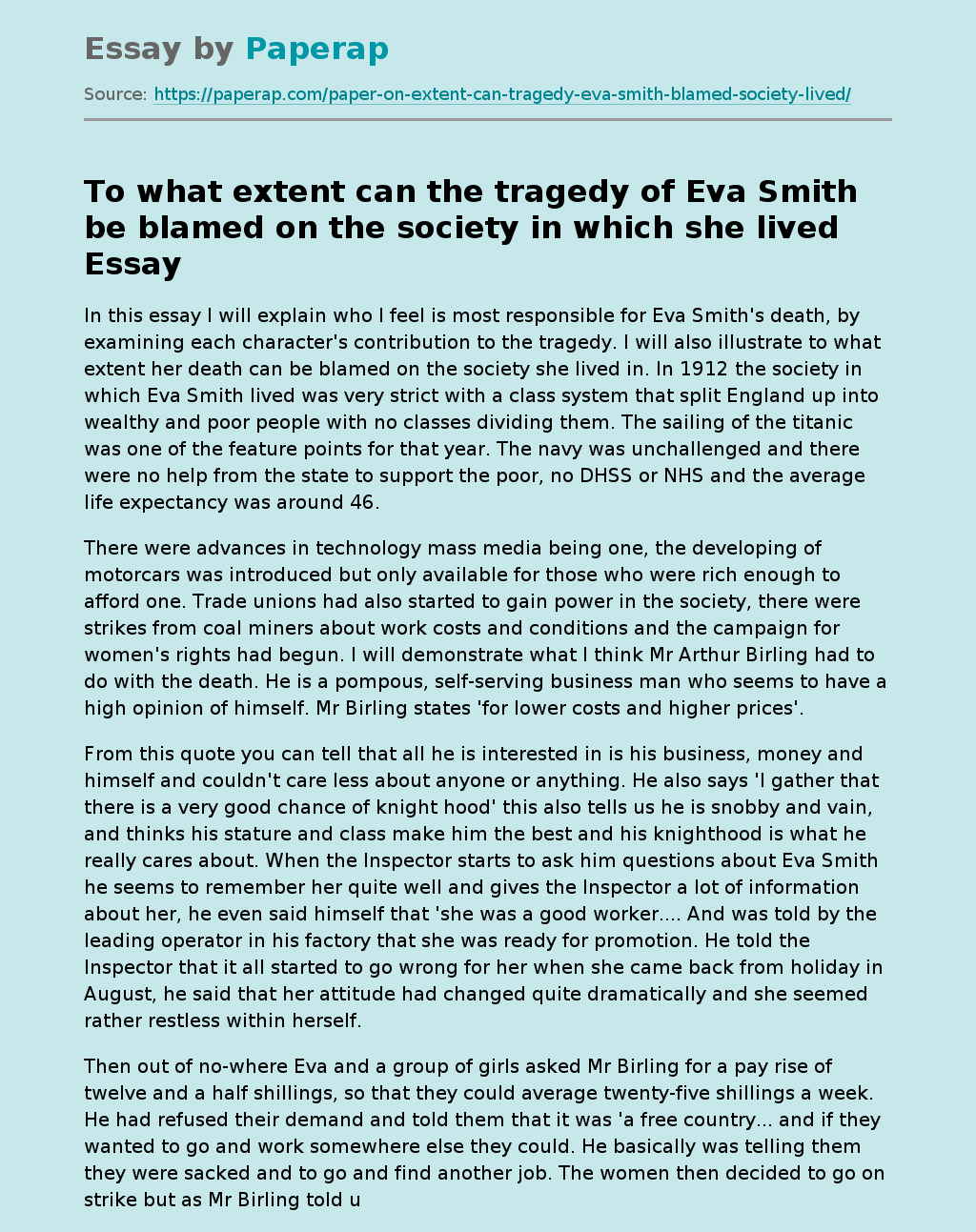 To What Extent can the Tragedy of Eva Smith be Blamed on the Society in Which she Lived