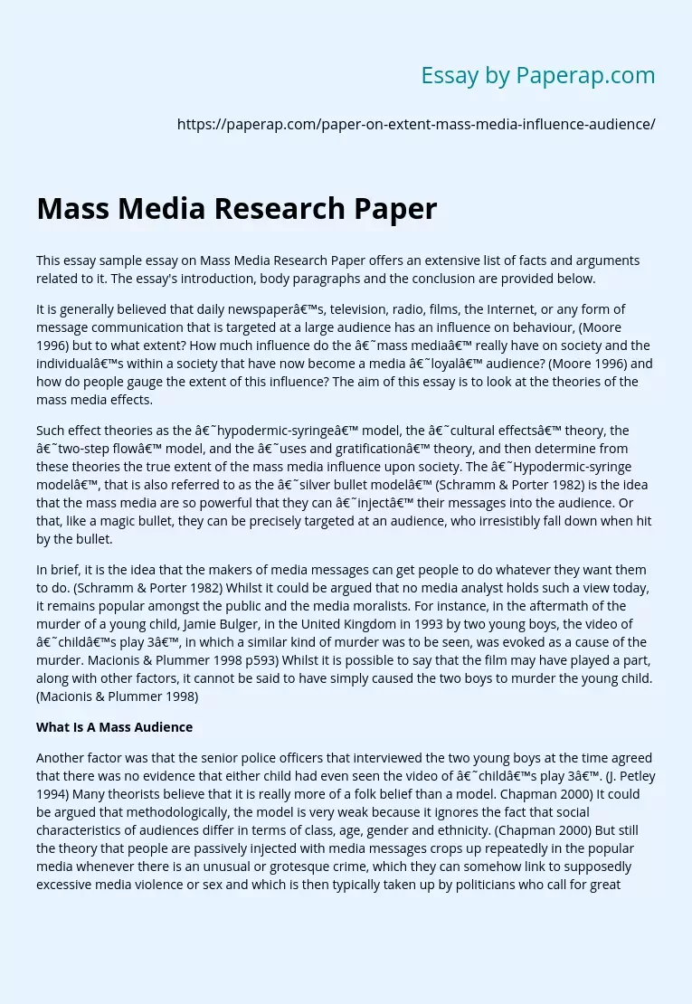 Реферат: Mass Media Effects Essay Research Paper Mass