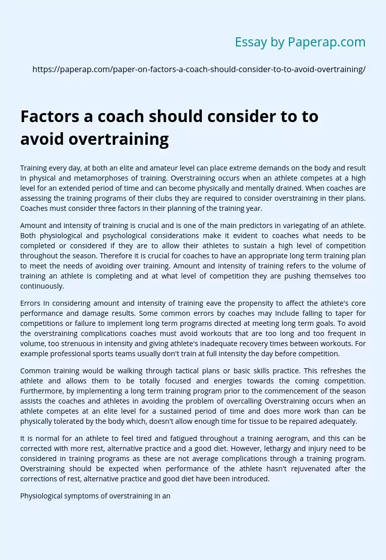 Factors a coach should consider to to avoid overtraining