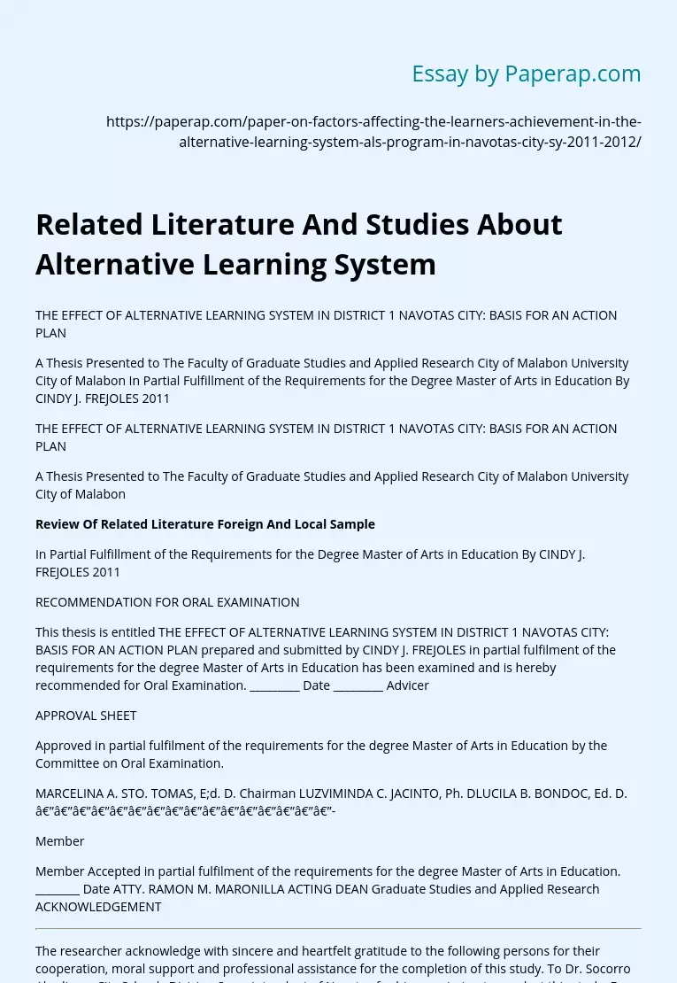 Related Literature And Studies About Alternative Learning System