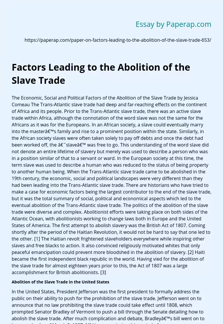 Factors Leading to the Abolition of the Slave Trade