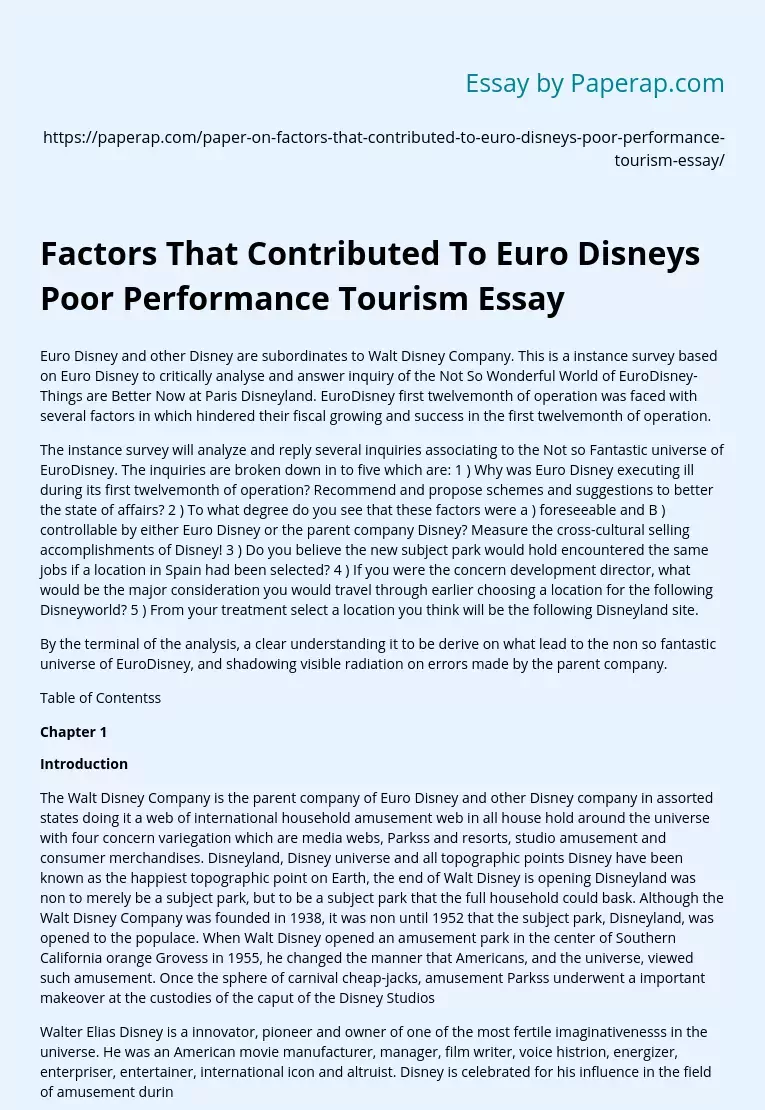 Factors That Contributed To Euro Disneys Poor Performance Tourism Essay