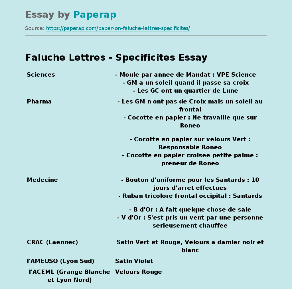 Faluche Lettres - Specificites