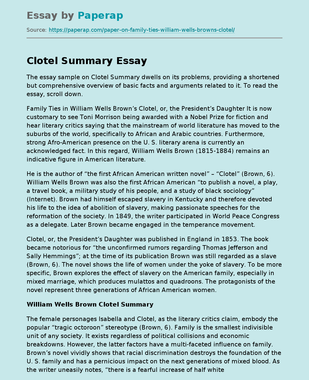 Clotel Summary: Key Issues and Arguments