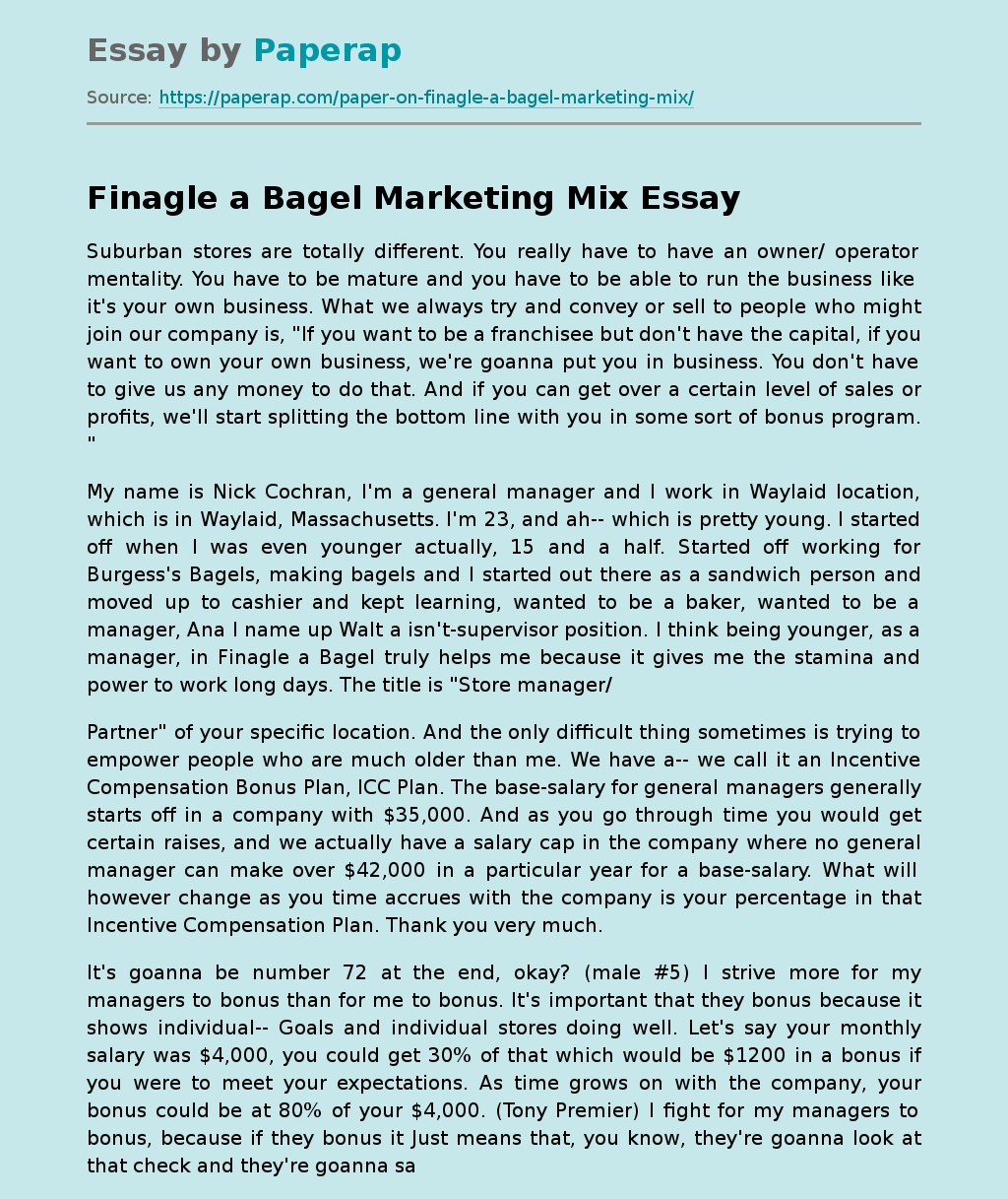 Finagle a Bagel Marketing Mix