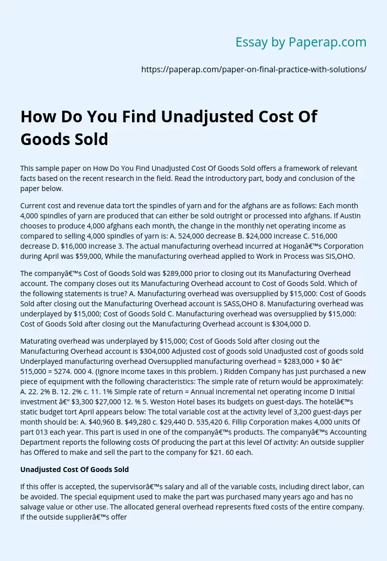 How Do You Find Unadjusted Cost Of Goods Sold
