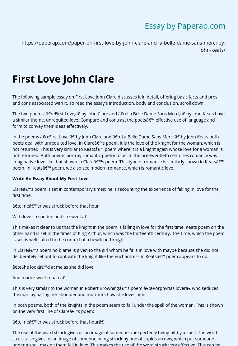 Sample Essay on First Love John Clare
