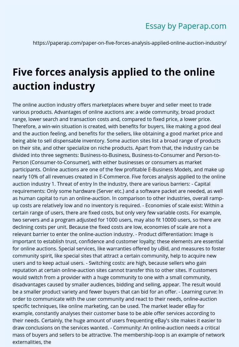 Five forces analysis applied to the online auction industry