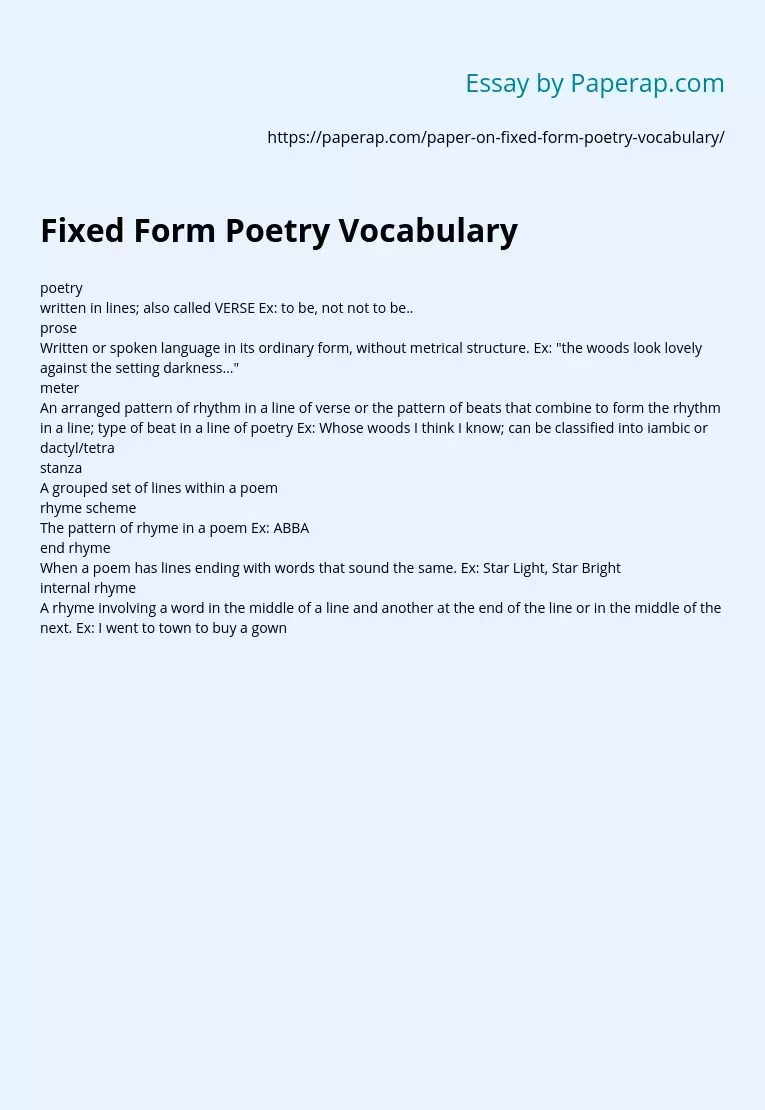 Fixed Form Poetry Vocabulary