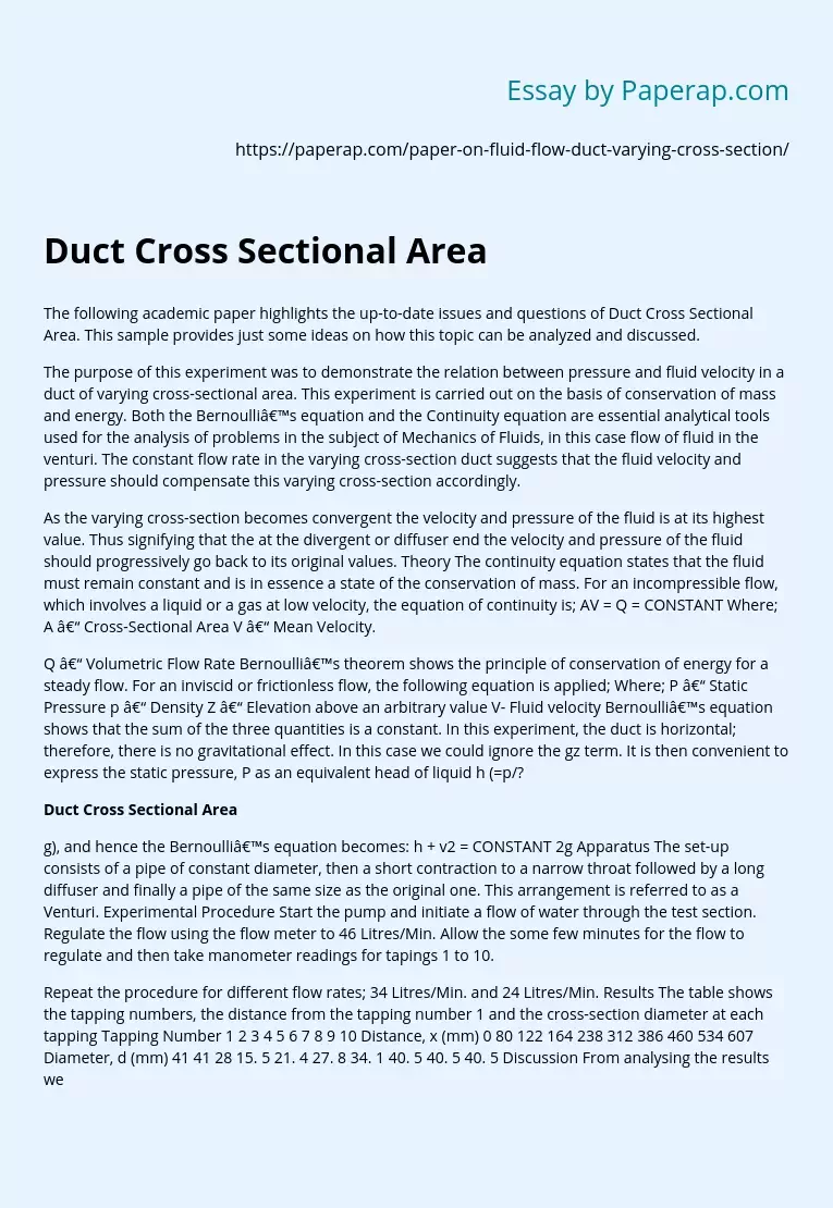 Duct Cross Sectional Area