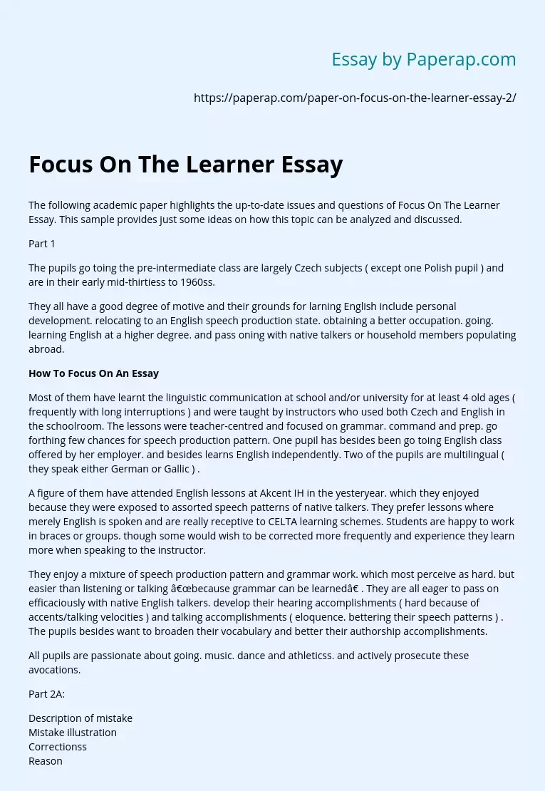 Focus On The Learner Essay