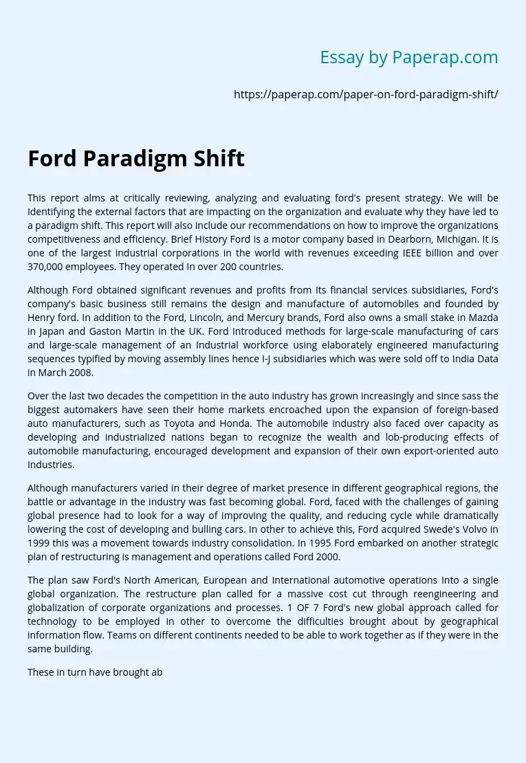 Analysis and Evaluation of the Current Ford Strategy