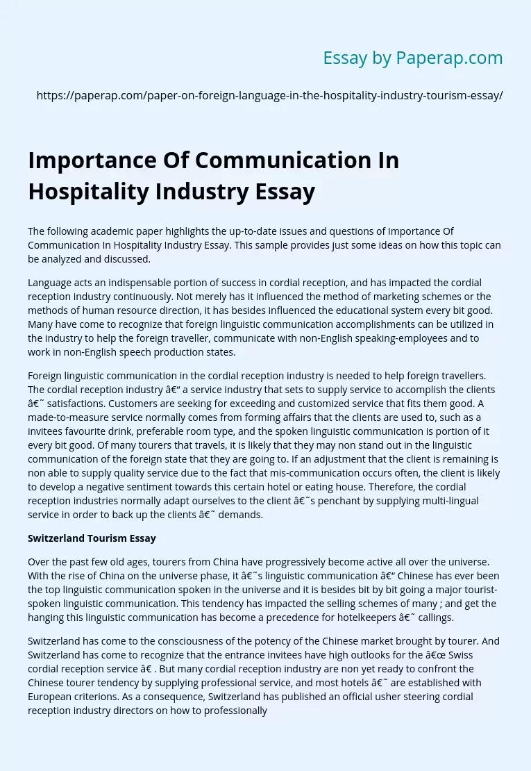 Importance Of Communication In Hospitality Industry Essay