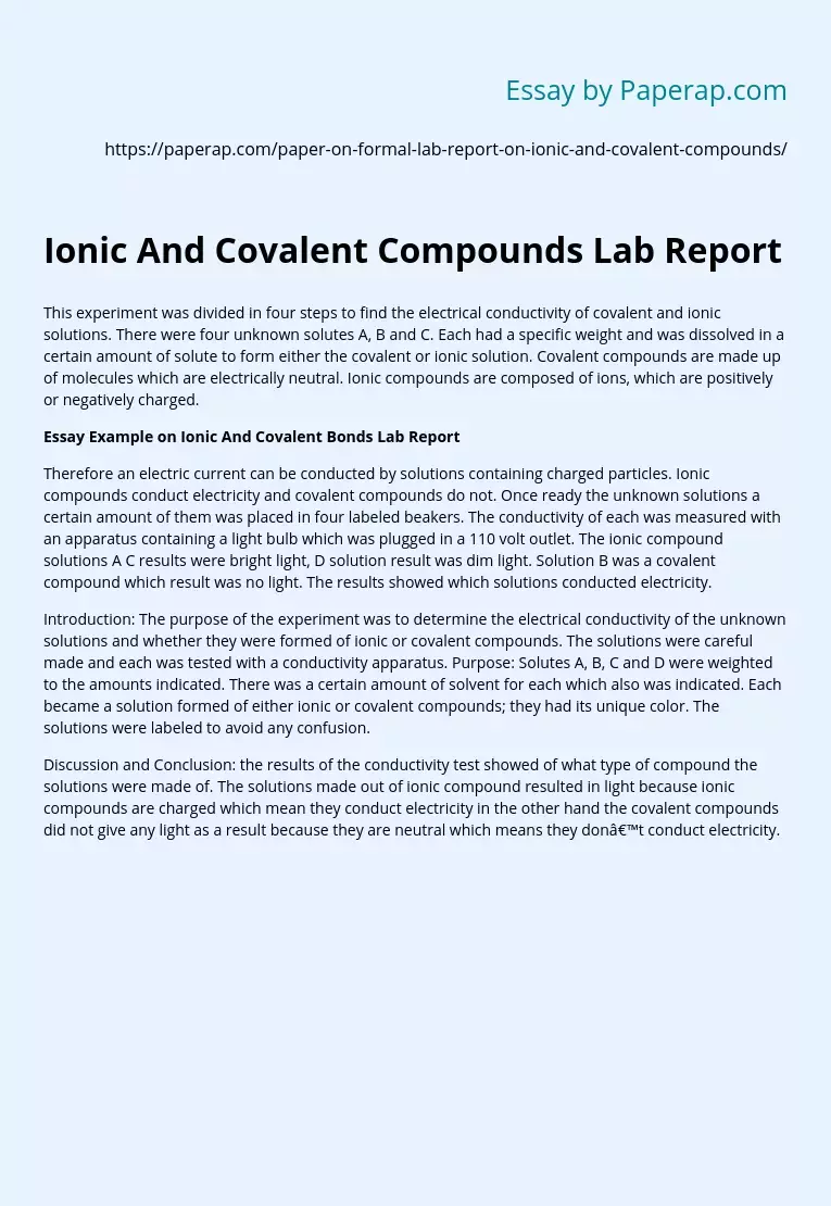Ionic And Covalent Compounds Lab Report