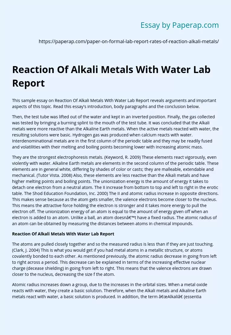 Reaction Of Alkali Metals With Water Lab Report