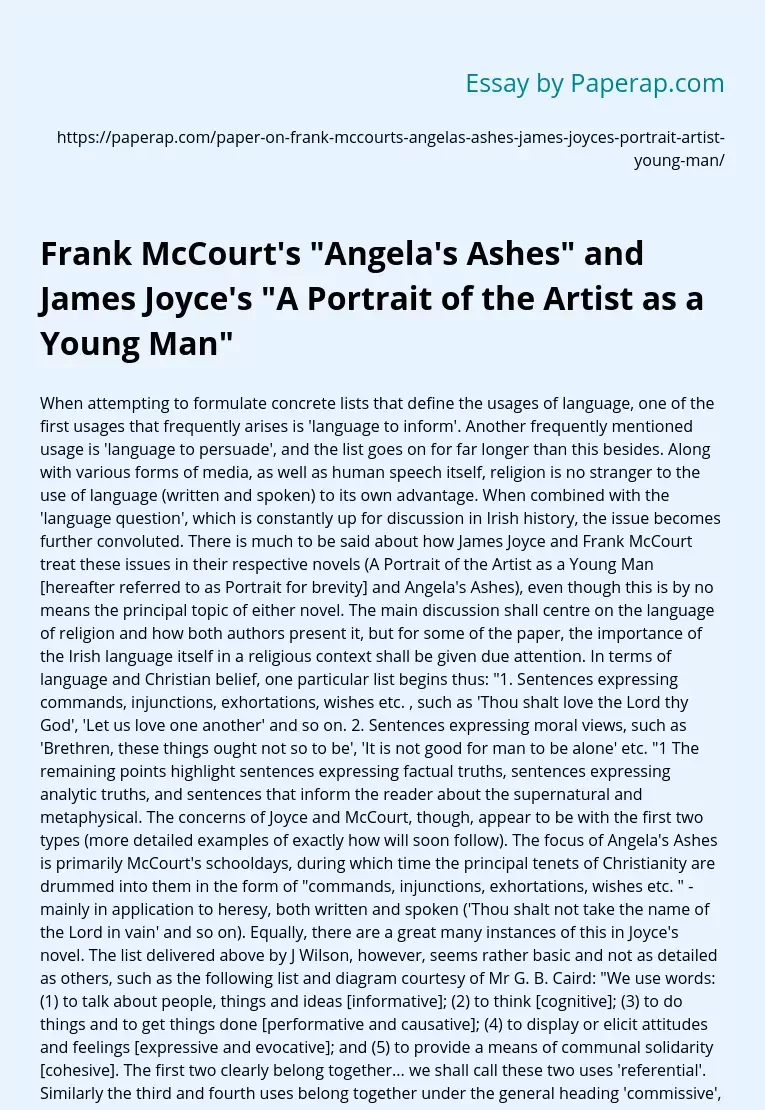 Frank McCourt's "Angela's Ashes" and James Joyce's "A Portrait of the Artist as a Young Man"