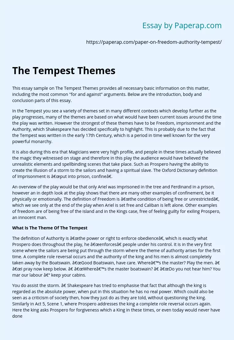 The Tempest Themes: Freedom, Imprisonment and Authority