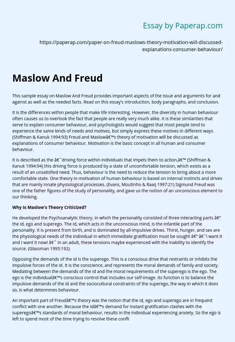 Maslow And Freud on Consumer Behaviour