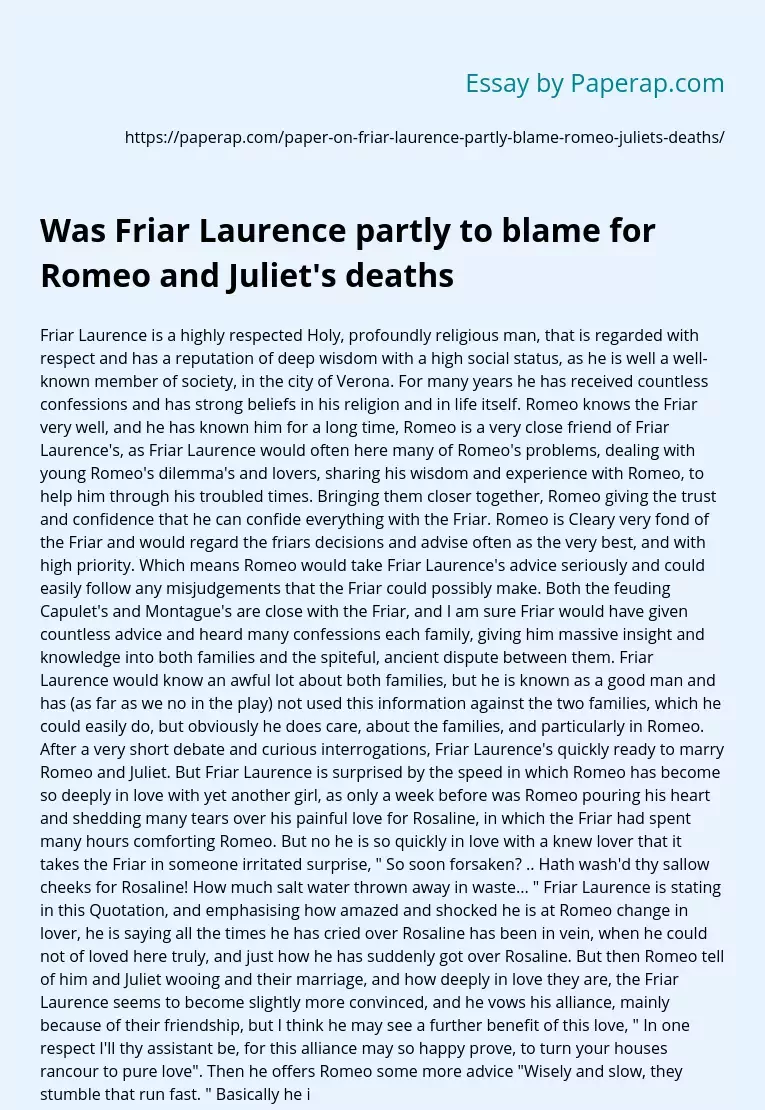 romeo and juliet essay friar laurence to blame