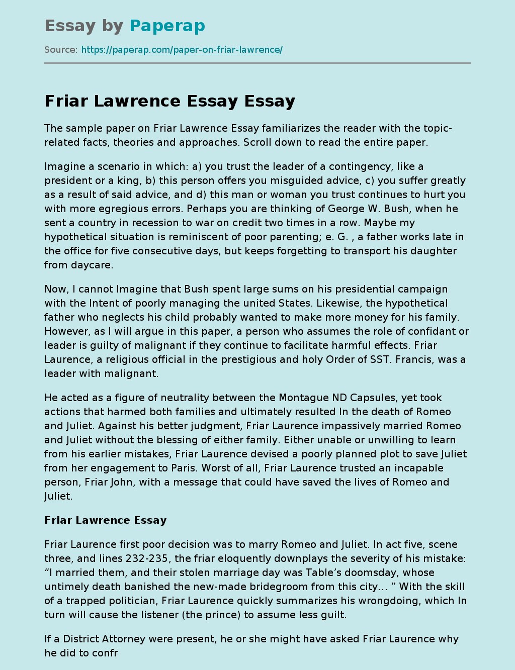 Friar Lawrence Is a Leader Guilty of Malicious