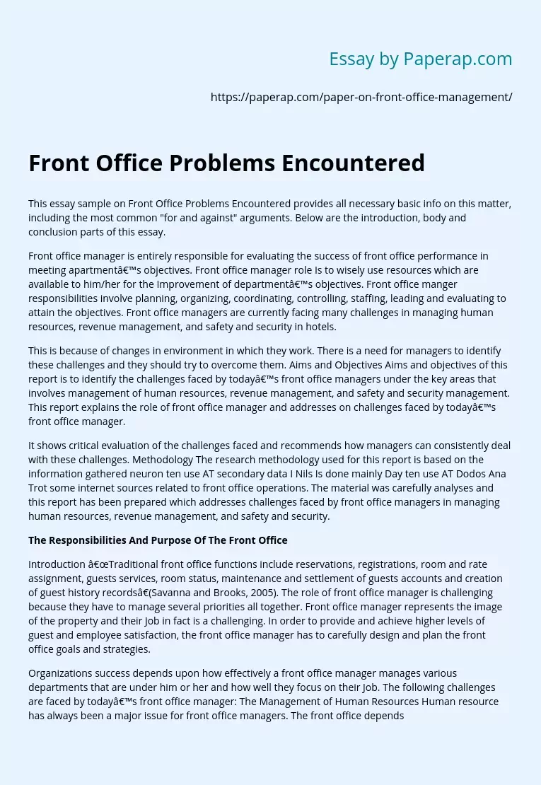 Problems, Responsibilities, Goals of the Front Office