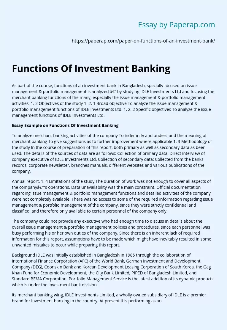 Functions Of Investment Banking
