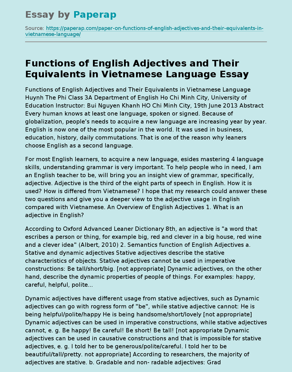 Functions of English Adjectives and Their Equivalents in Vietnamese Language