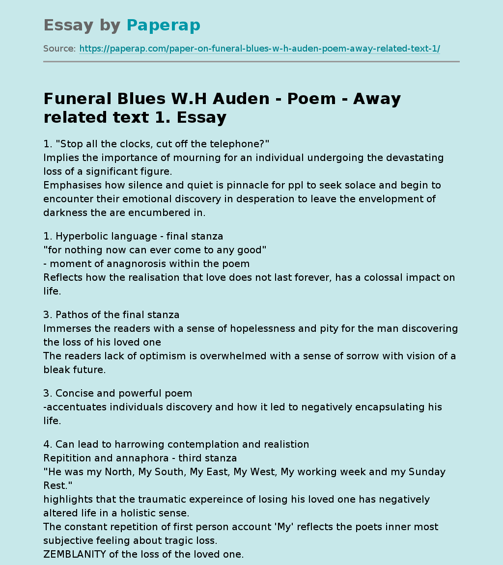 Funeral Blues W.H Auden - Poem - Away related text 1.