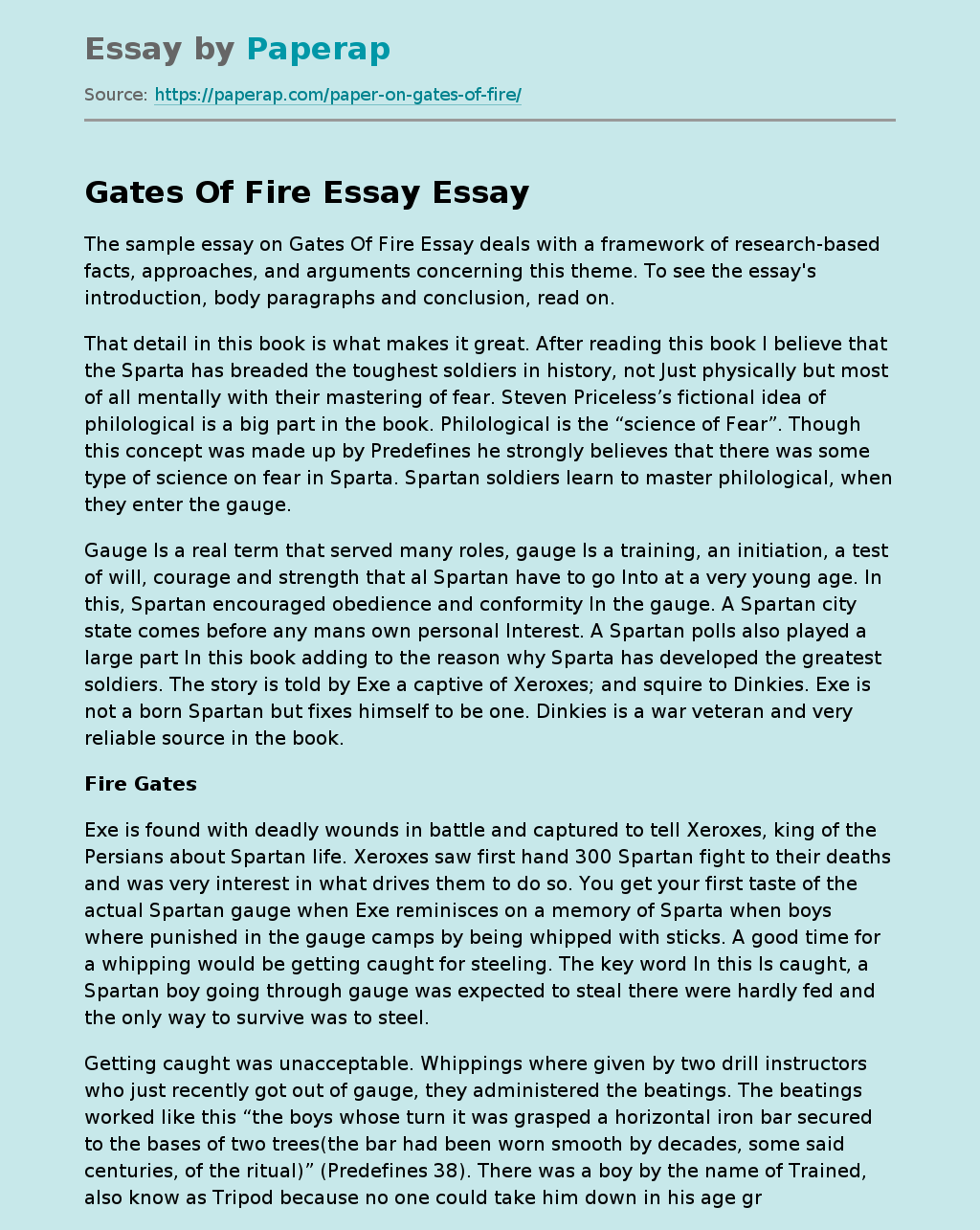 Sample Essay on Gates of Fire Essay
