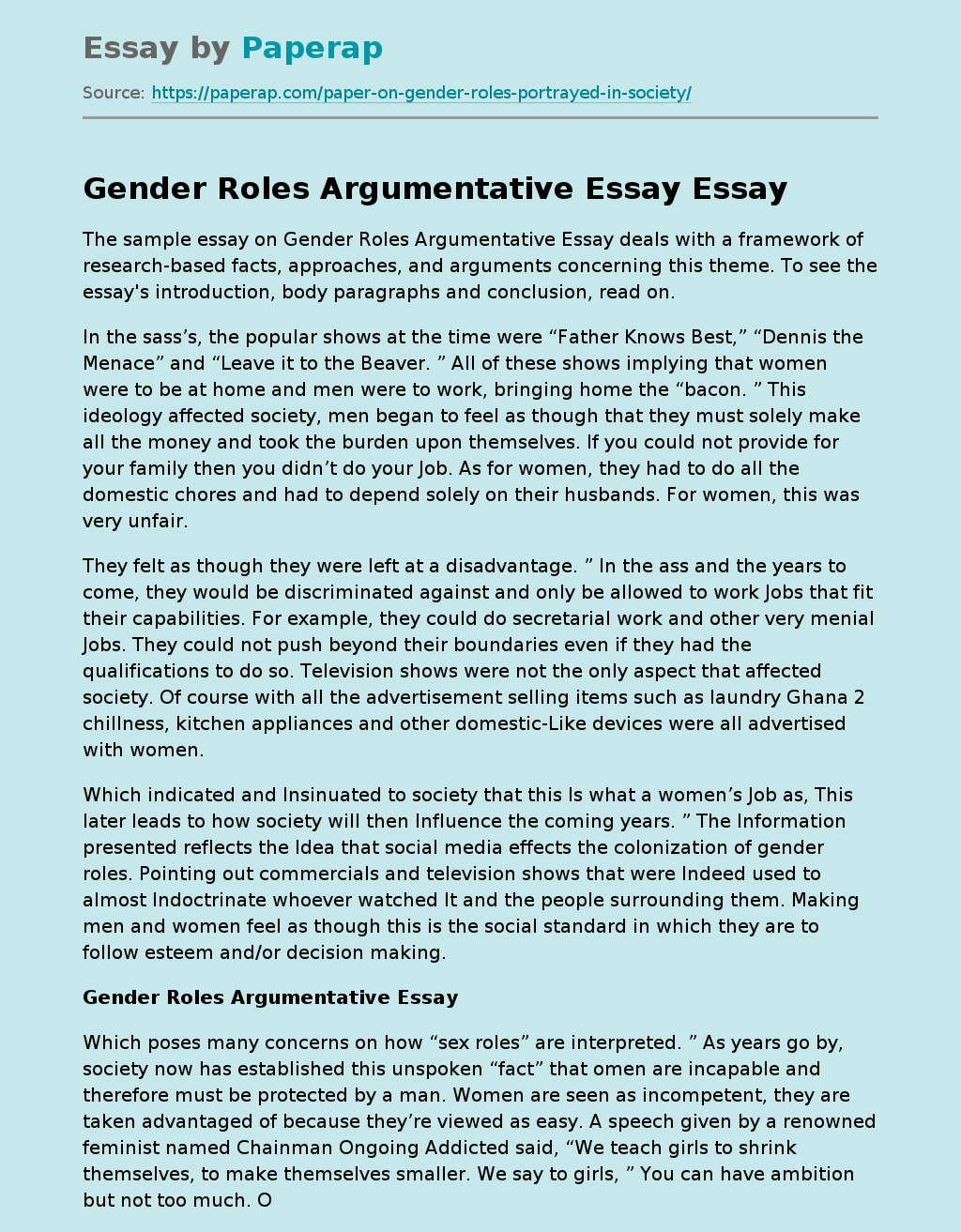 Gender Roles Argumentative Essay