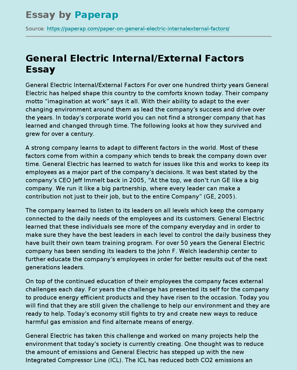 General Electric Internal/External Factors