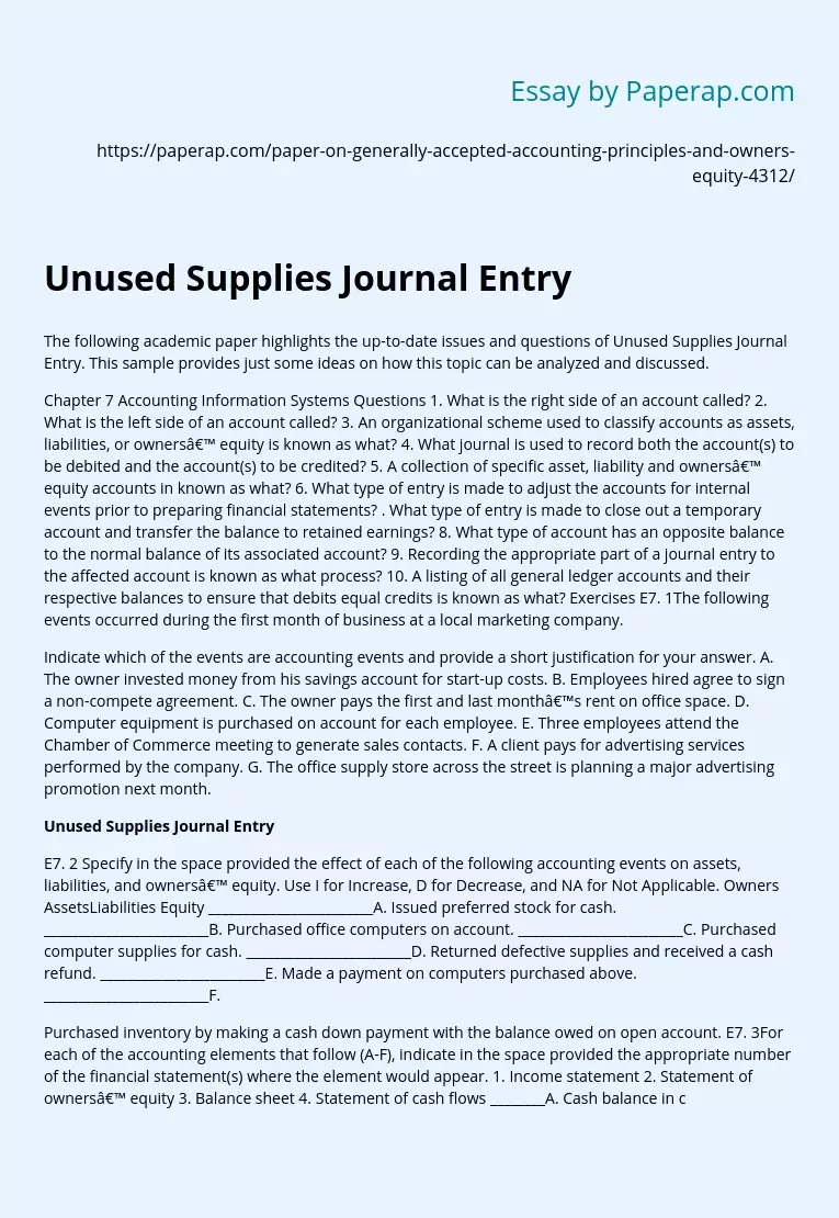 Unused Supplies Journal Entry