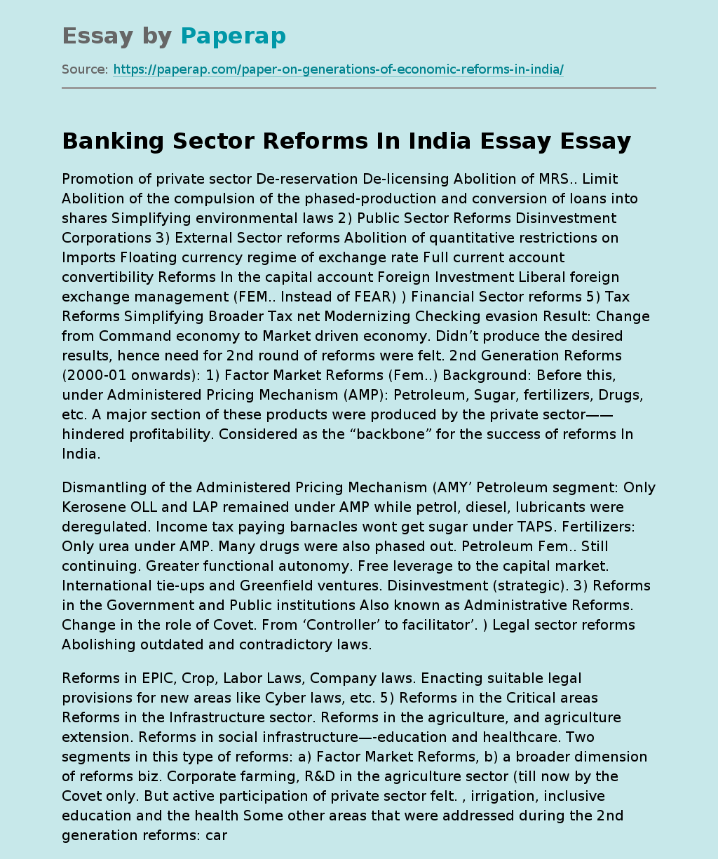 Banking Sector Reforms In India