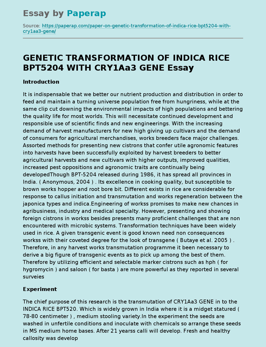 GENETIC TRANSFORMATION OF INDICA RICE BPT5204 WITH CRY1Aa3 GENE
