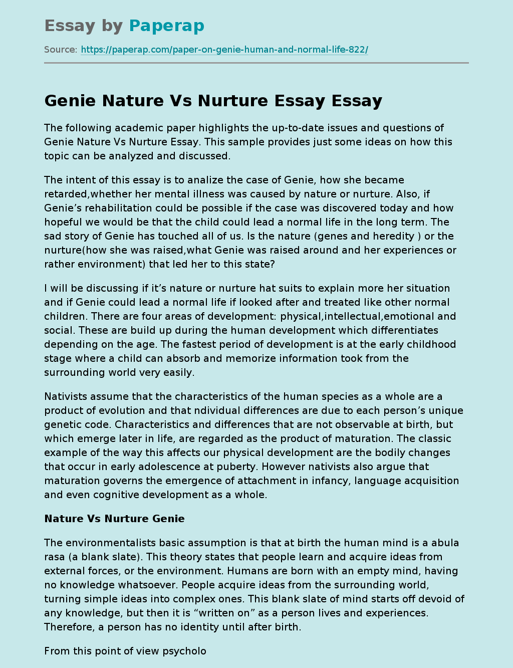 Genie Nature Vs Nurture Essay